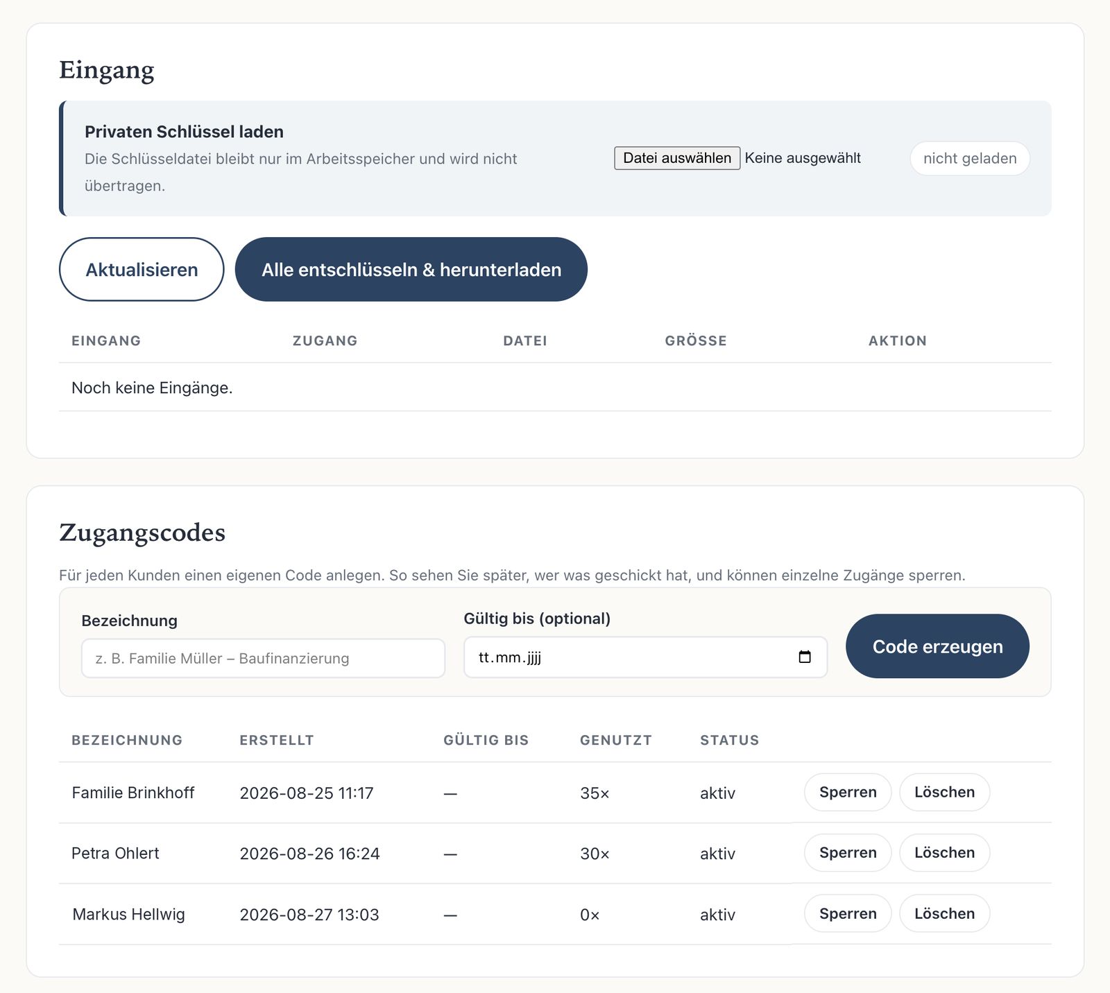 Verwaltung der Finanzsichtbar Safebox: Eingang mit Entschlüsselung im Browser und Zugangscodes je Kunde, sperrbar und löschbar (Demo-Daten)