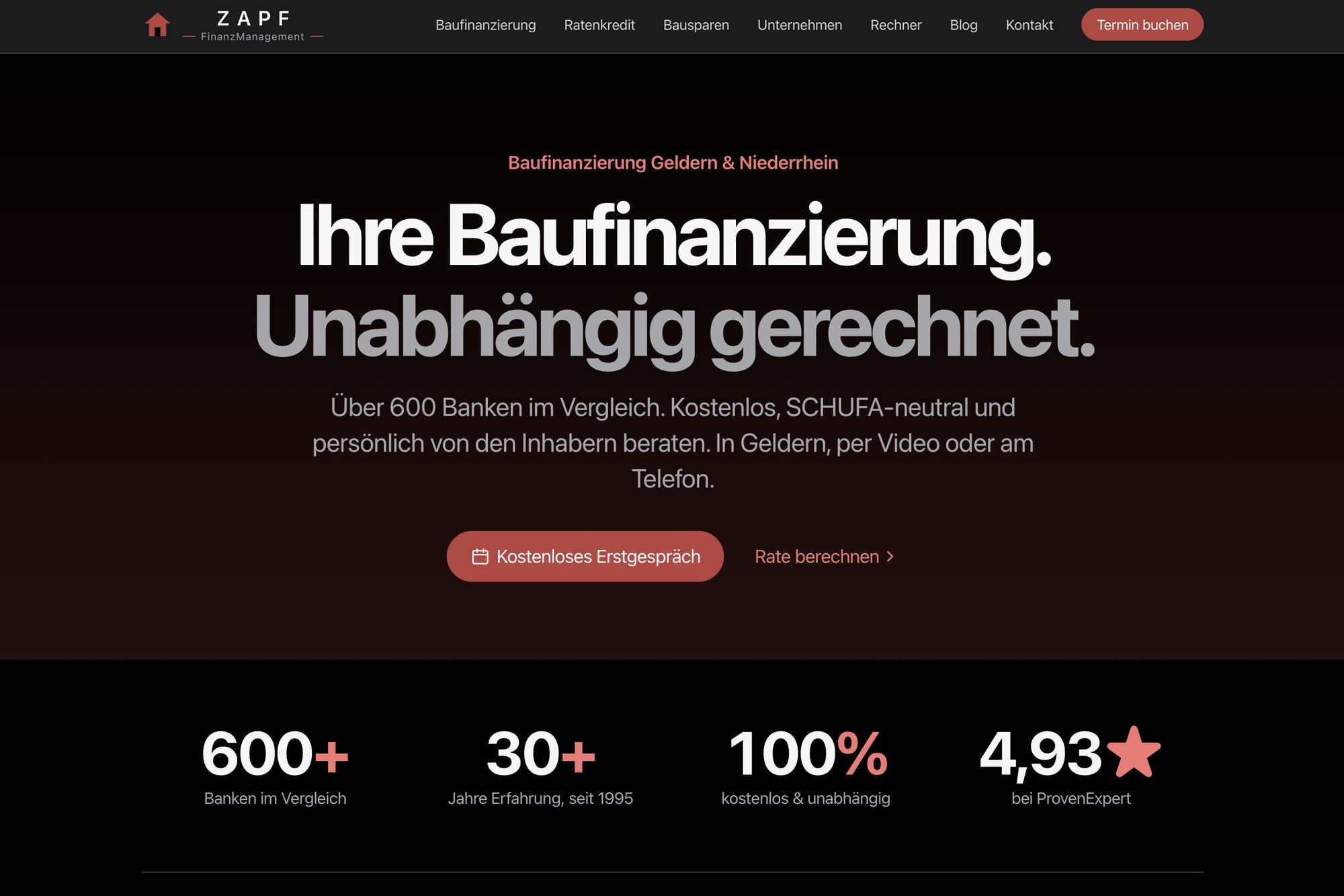 Startseite von zapf-finanz.de am Rechner: Baufinanzierung Geldern und Niederrhein, umgesetzt von Finanzsichtbar